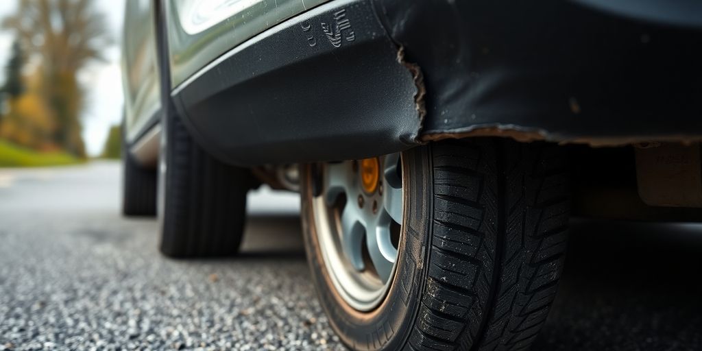 Beschädigtes Auto im Detail, Stoßstange und Reifen.