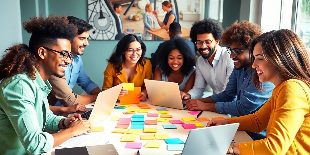 Diverse team brainstorming creative content ideas for leads.