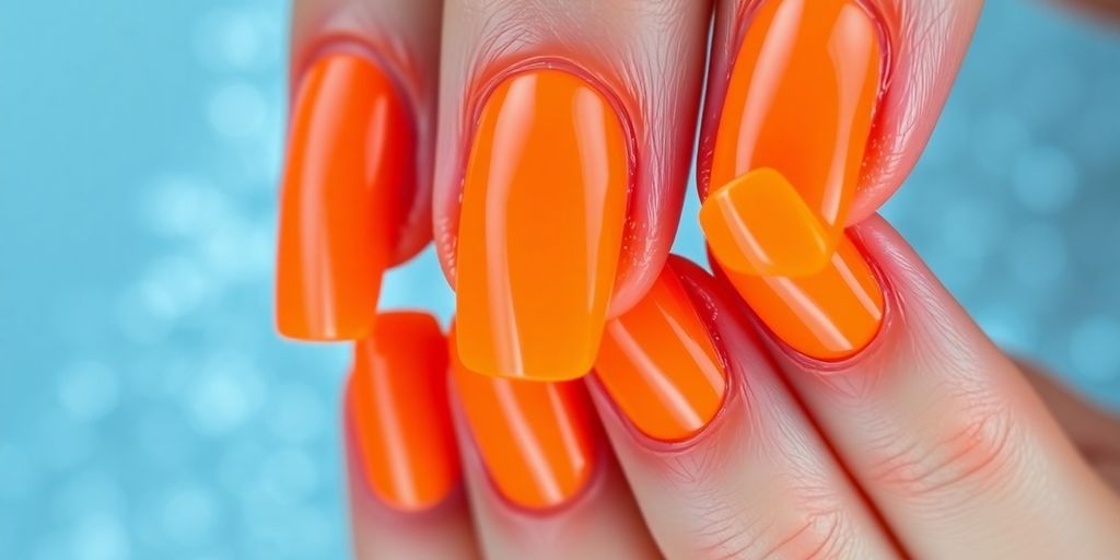 Unhas laranja neon brilhantes com detalhes artísticos.
