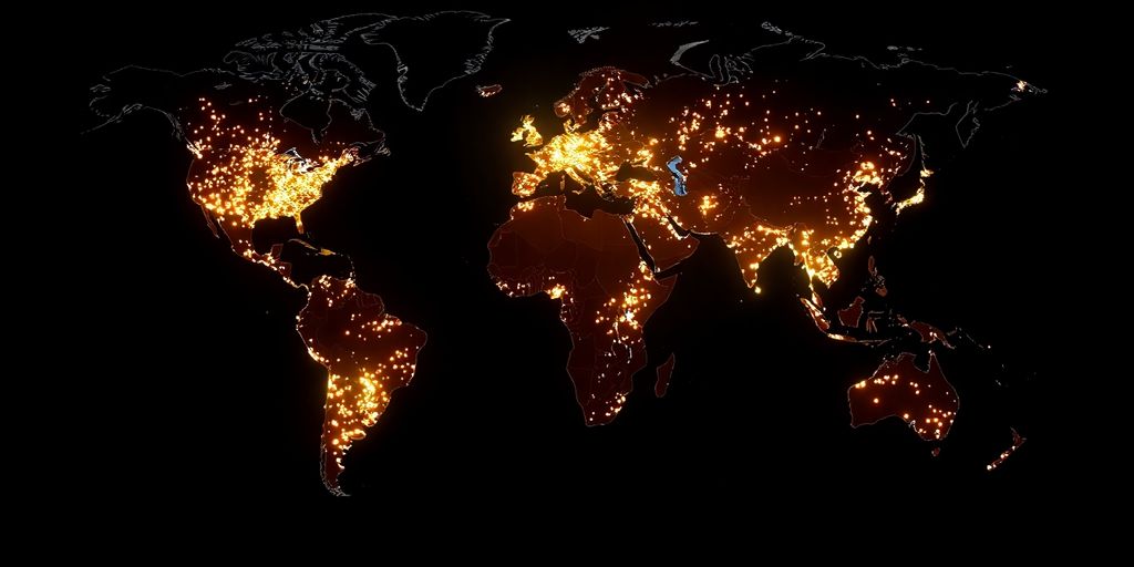 World map with glowing population centers.