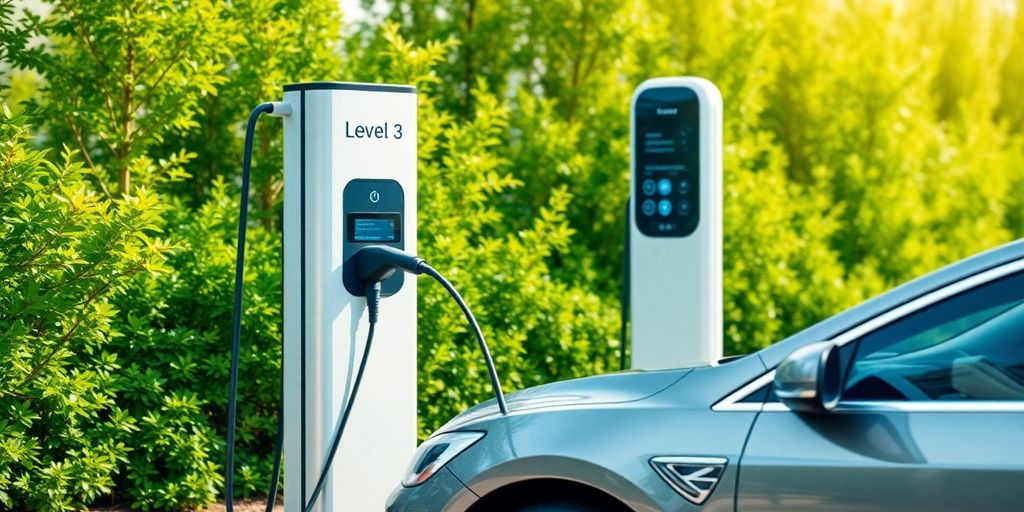 Electric car at Level 3 charging station in nature.