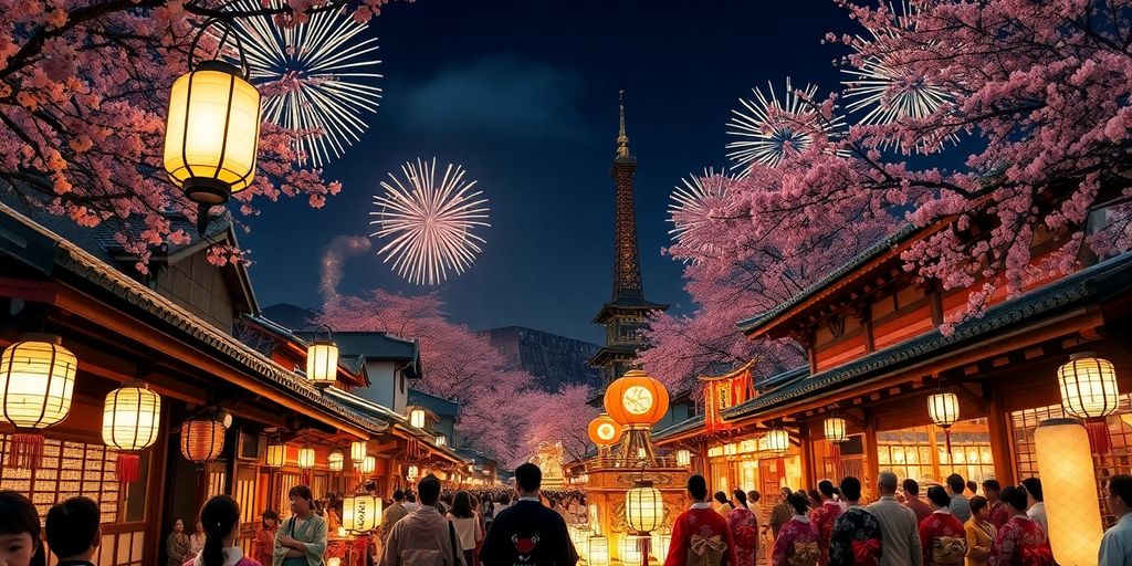 Colorful floats and lanterns at a Kyoto festival.