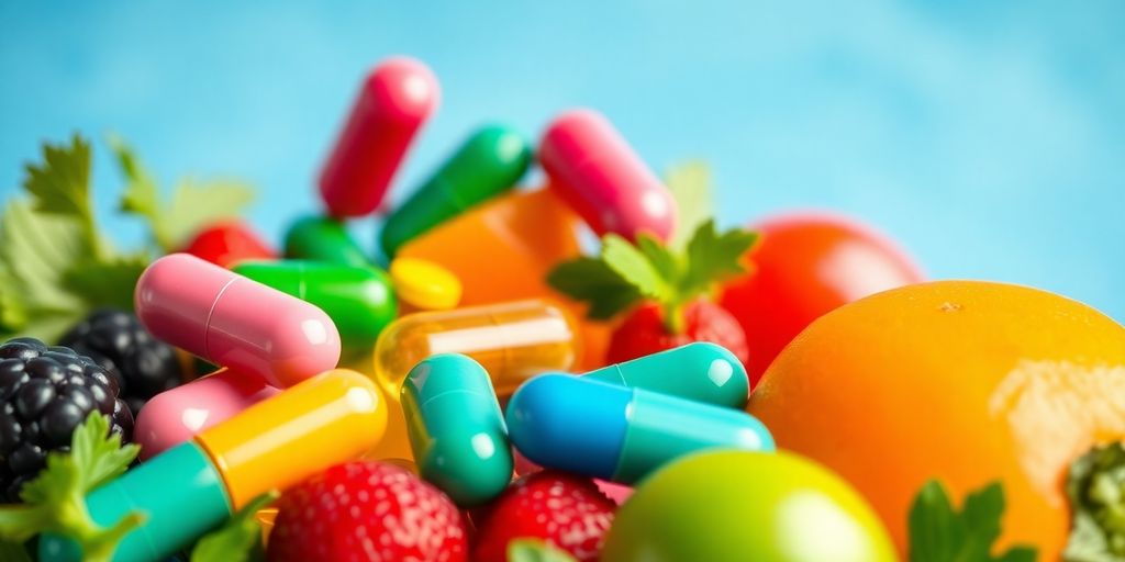 Capsules of probiotics with fruits and vegetables for health.