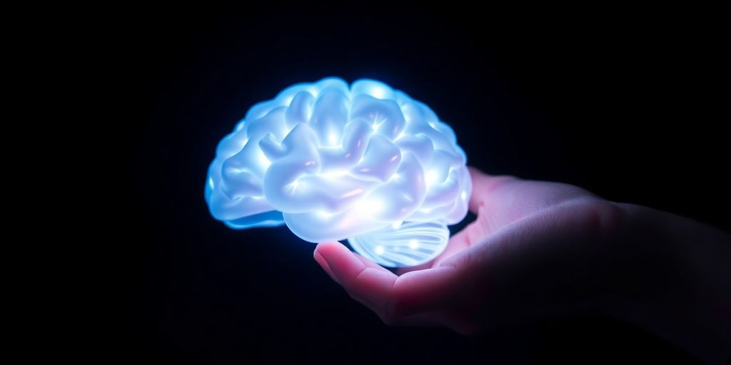 Human hand touching glowing AI brain.