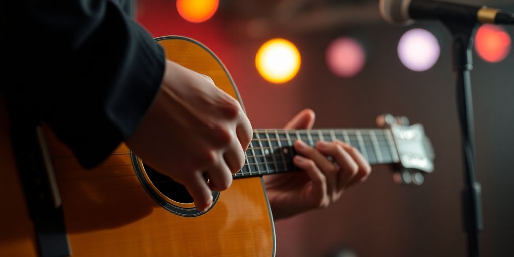Musician playing guitar on stage.