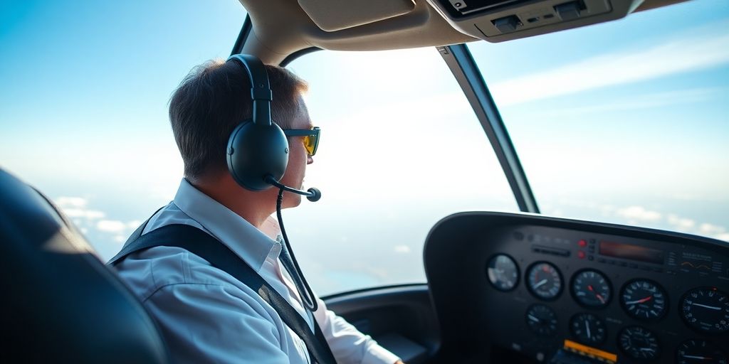 Helicopter pilot in cockpit looking at horizon.