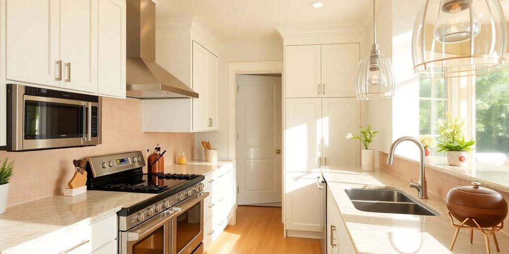 Modern kitchen with elegant design and bright natural light.