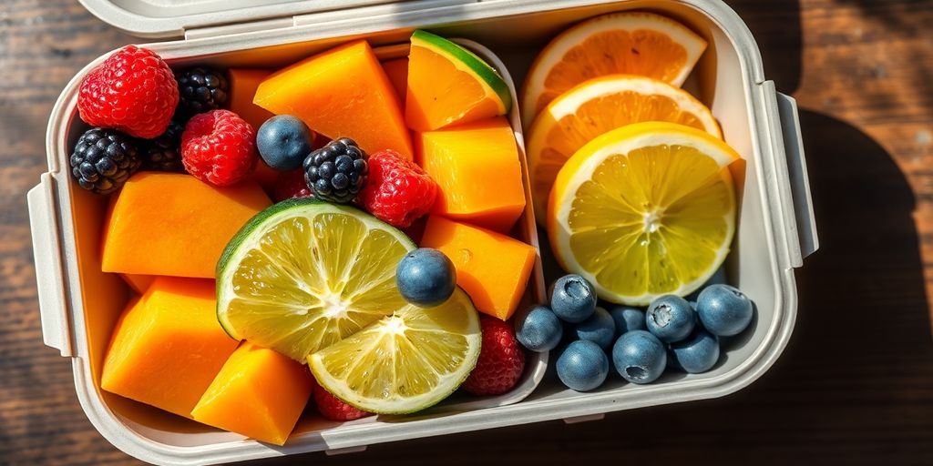 กล่องขนมผลไม้สดจัดวางสวยงาม