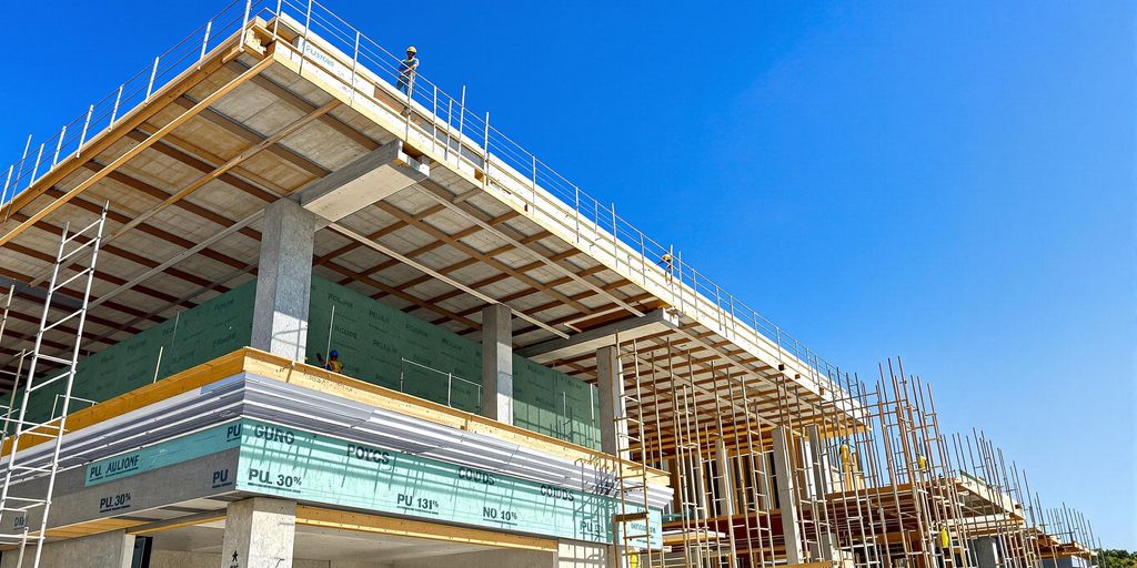 Construction workers using PU sandwich panels on site.