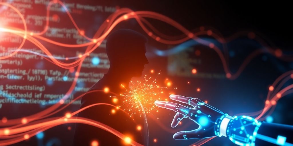 AI and human collaborating on futuristic code.
