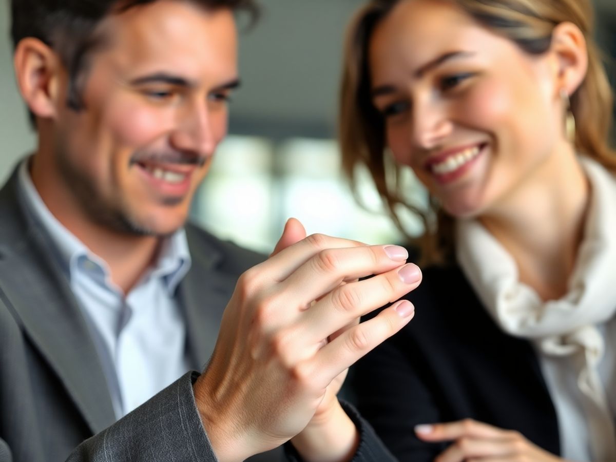 Doi oameni discutând, mână strânsă, zâmbete