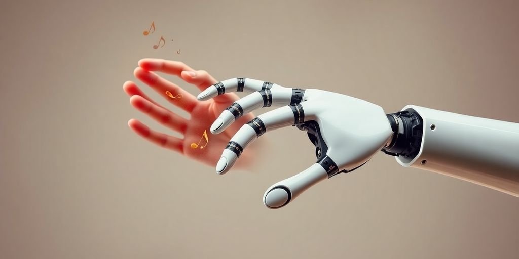 Human hand and robotic arm creating music together.