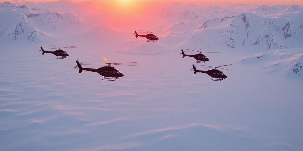 A fleet of maintenance helicopters flying over snowy Alaskan mountains.