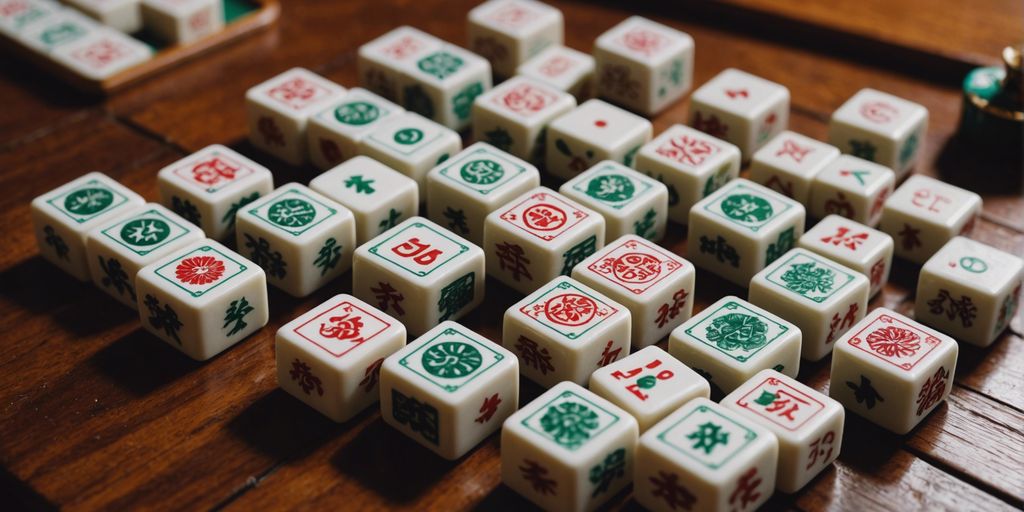A collection of Mahjong tiles with intricate designs, neatly arranged on a wooden table, showcasing their unique symbols.