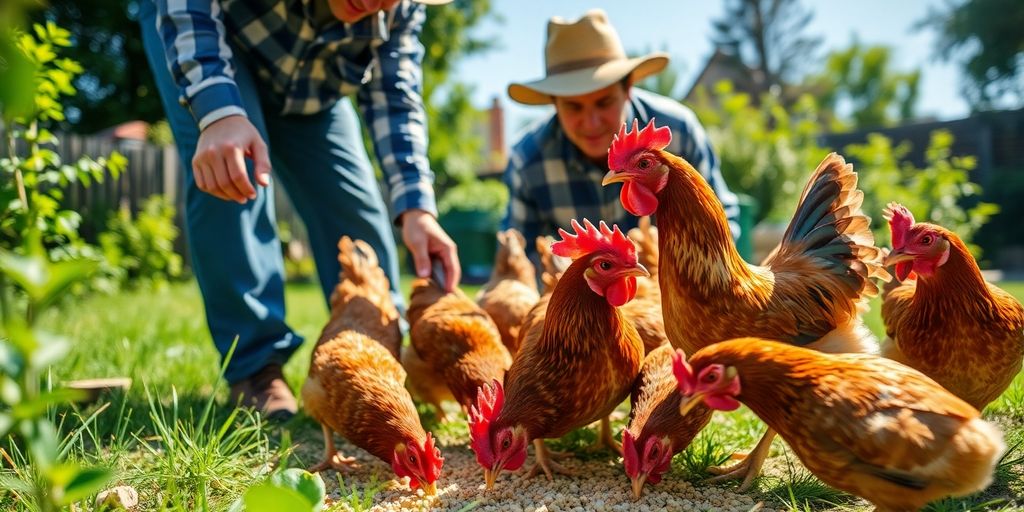 Farmer feeding chickens in a sunny backyard setting.