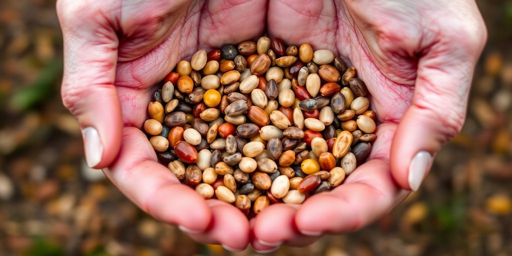 Hands holding various colorful seeds for gardening.