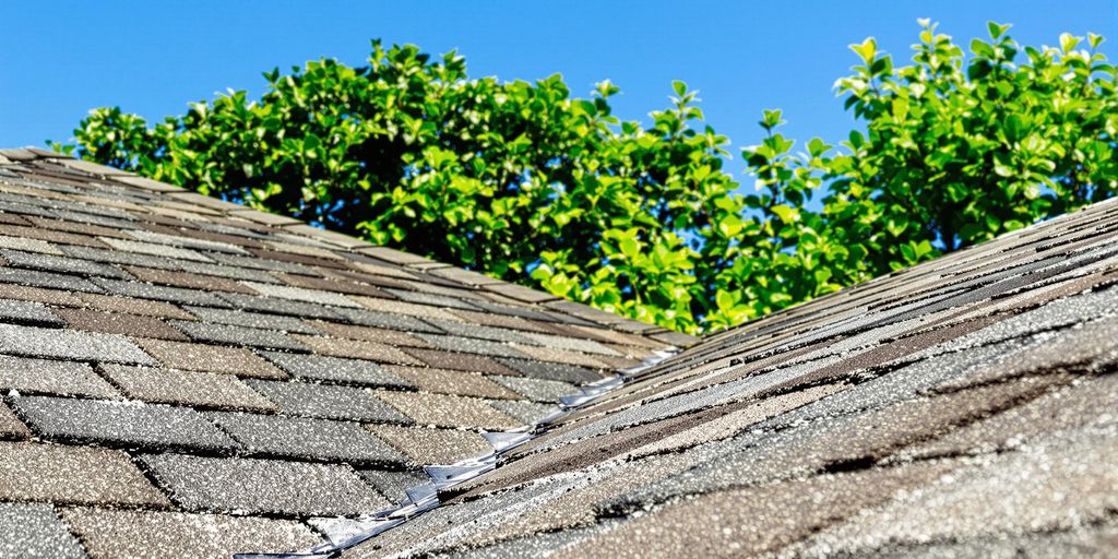 Well-maintained roof with clear skies and greenery in background.
