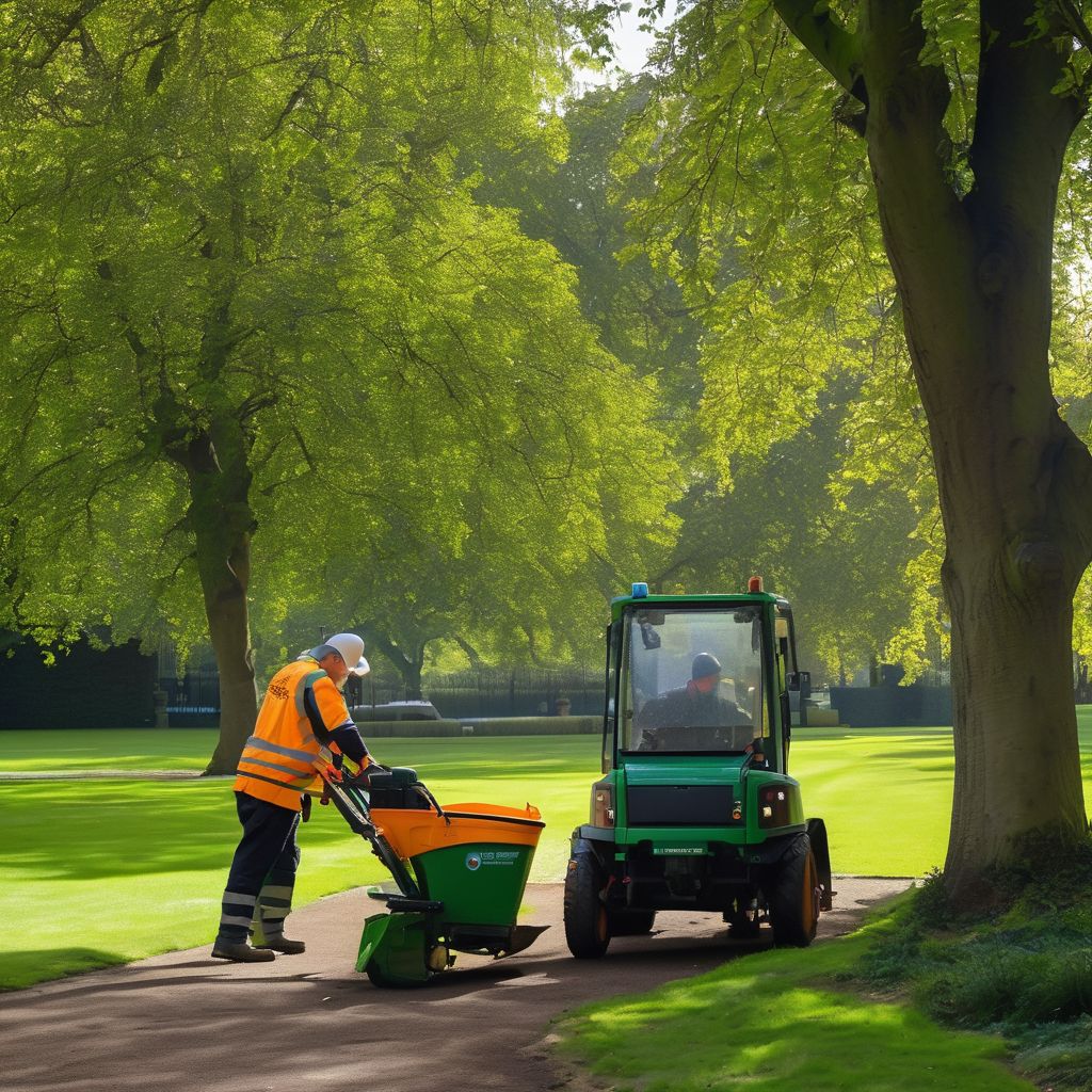 grounds maintenance workers in London park following regulations
