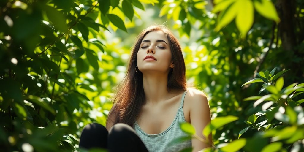 Femme souriante méditant dans un jardin paisible.