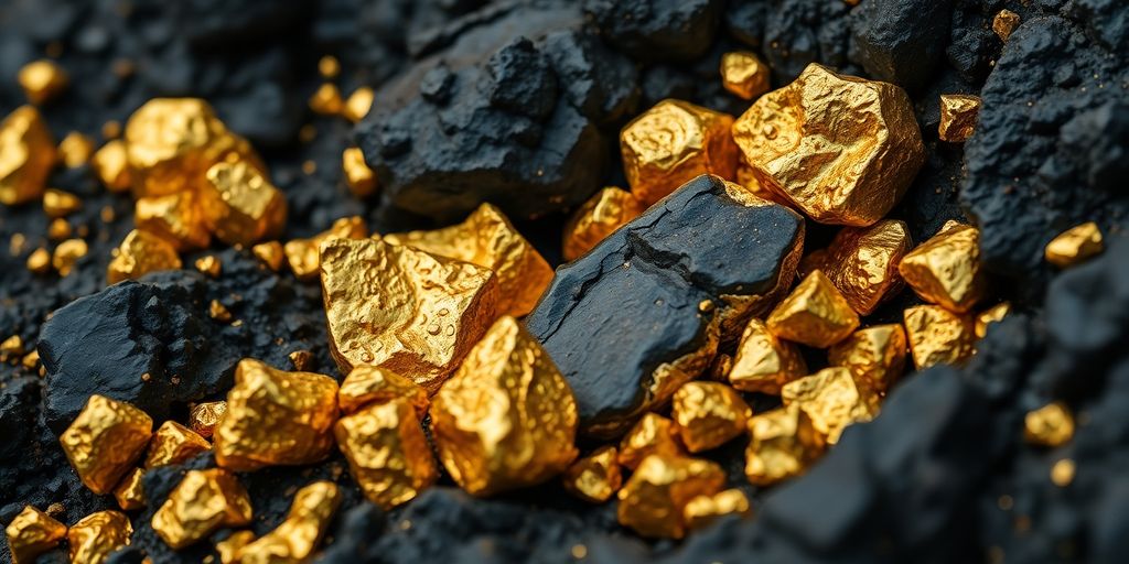 Gros plan sur des pépites d'or dans la roche.