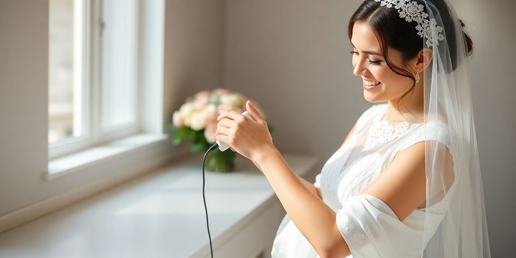 Bride in white wedding dress using laser device on forearm