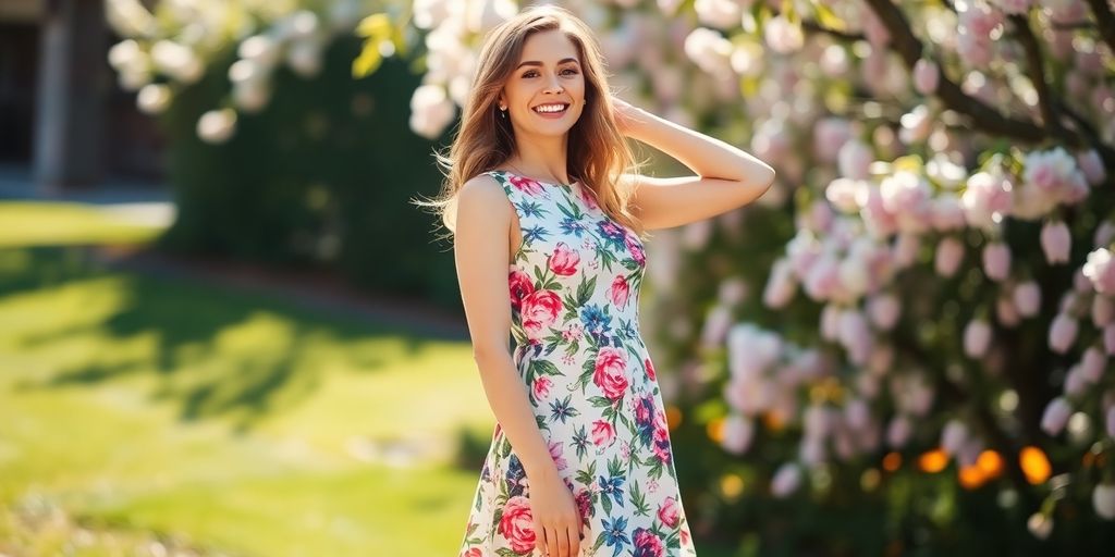 Woman in a floral Easter dress, smiling outdoors.