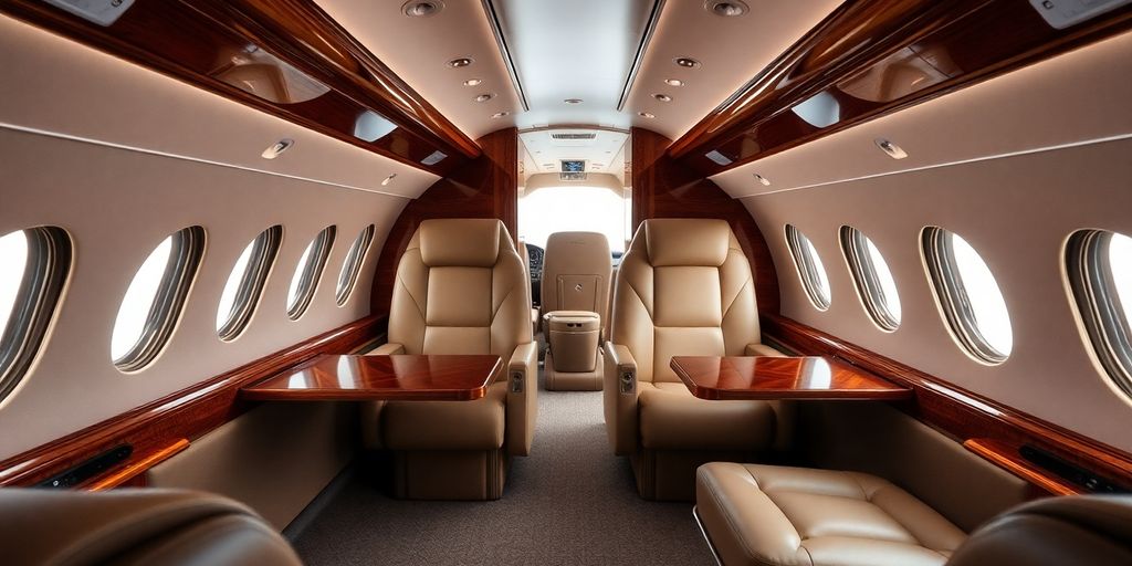 Luxury private jet interior with leather seats.
