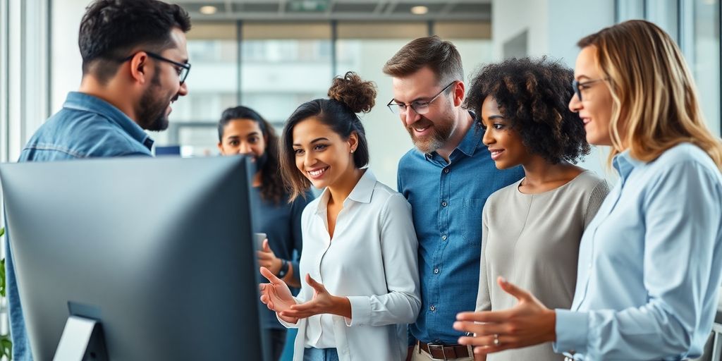 Empleados colaborando en una oficina moderna, fondo borroso.