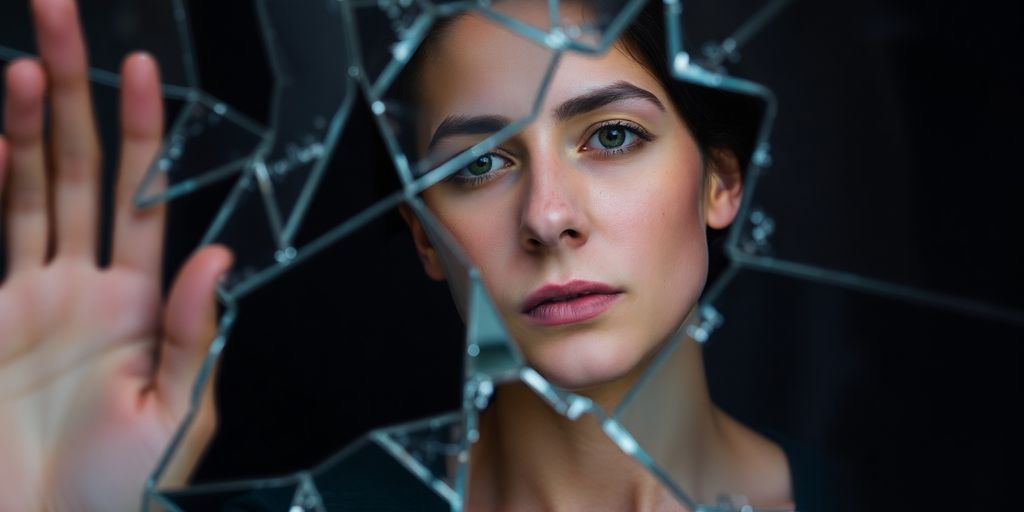Distorted reflection of a person in shattered glass.