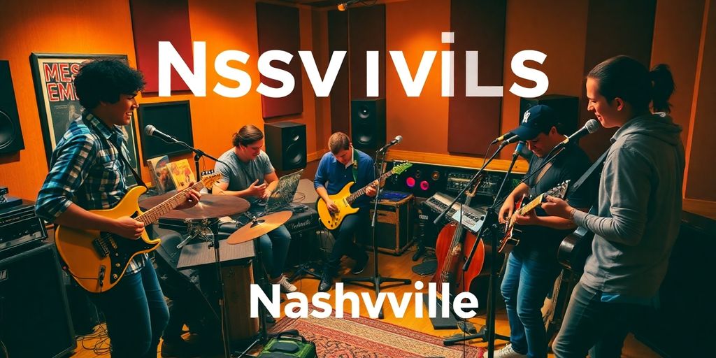 Young musicians collaborating in a Nashville music studio.