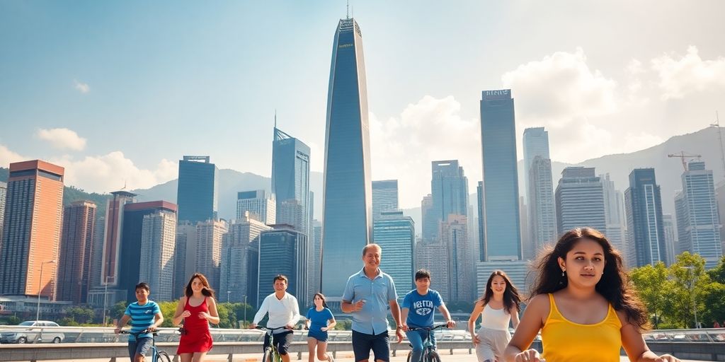 Modern Hong Kong skyline, healthy people.