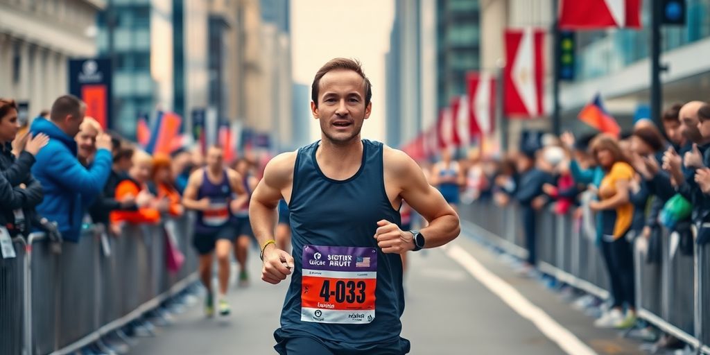 Marathon runner in action with cheering spectators.