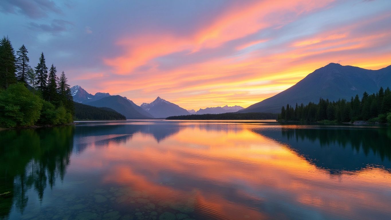 Serene lake with sunset and green trees