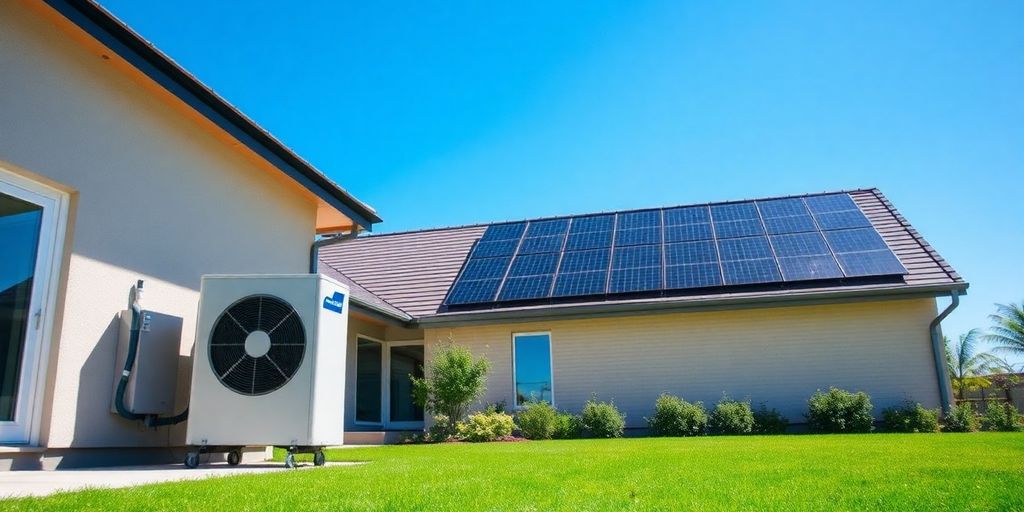 Pompe à chaleur et panneaux solaires installés sur une maison.