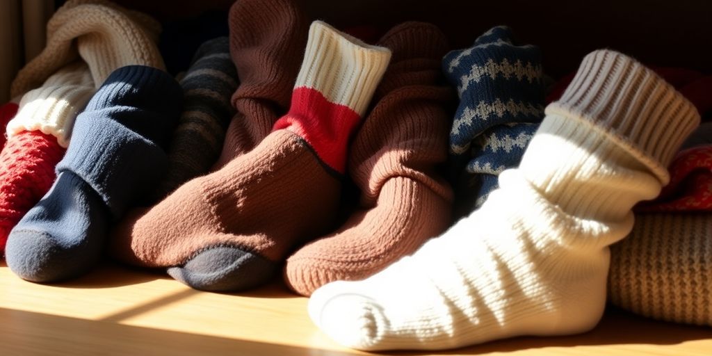 Colorful large socks arranged on a wooden surface.