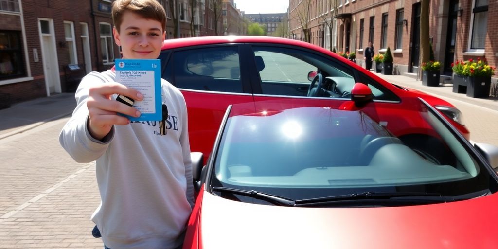 Person holding driver’s license and car keys by red hatchback