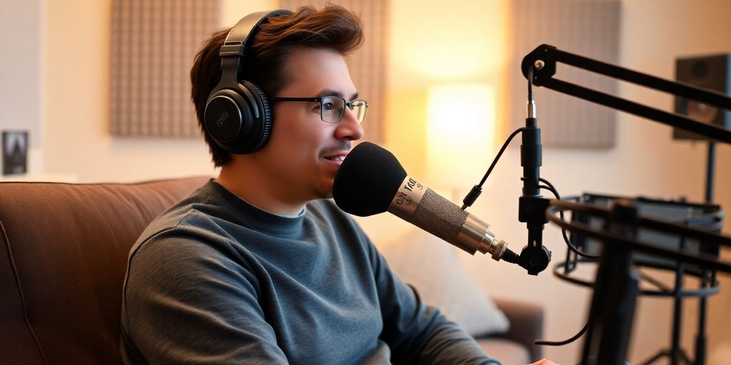 Person recording podcast in a comfortable home studio.