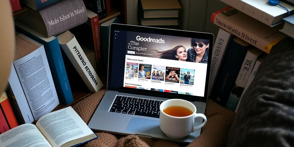Cozy reading nook with laptop, books, and tea.