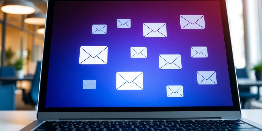 Laptop with email icons and light rays