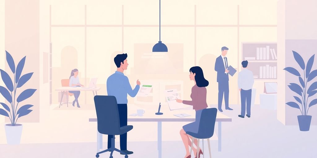 Illustrasjon av en profesjonell kontorsituasjon.