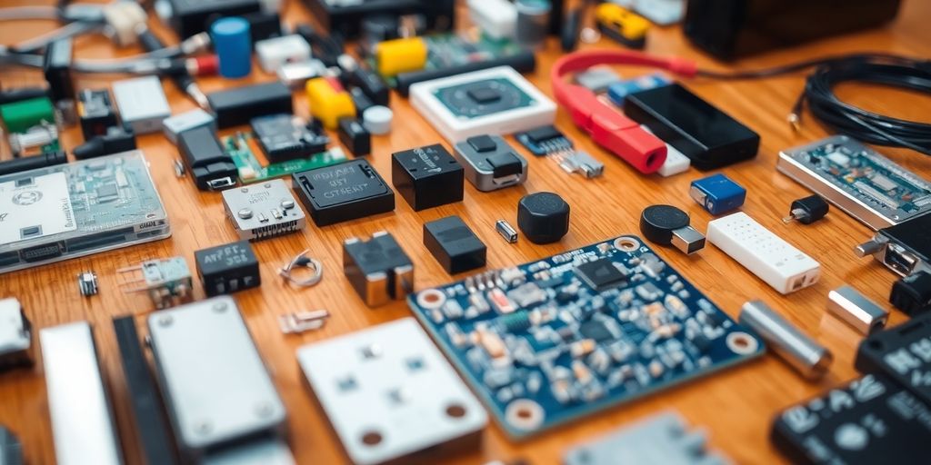 Des pièces électroniques sur une table en bois.