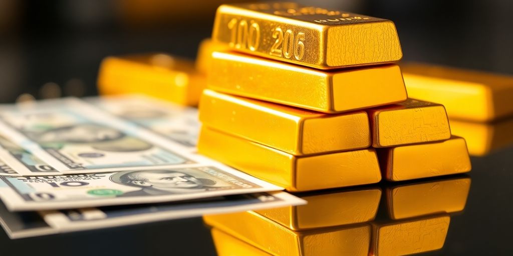 Des barres d'or brillantes sur une surface réfléchissante.