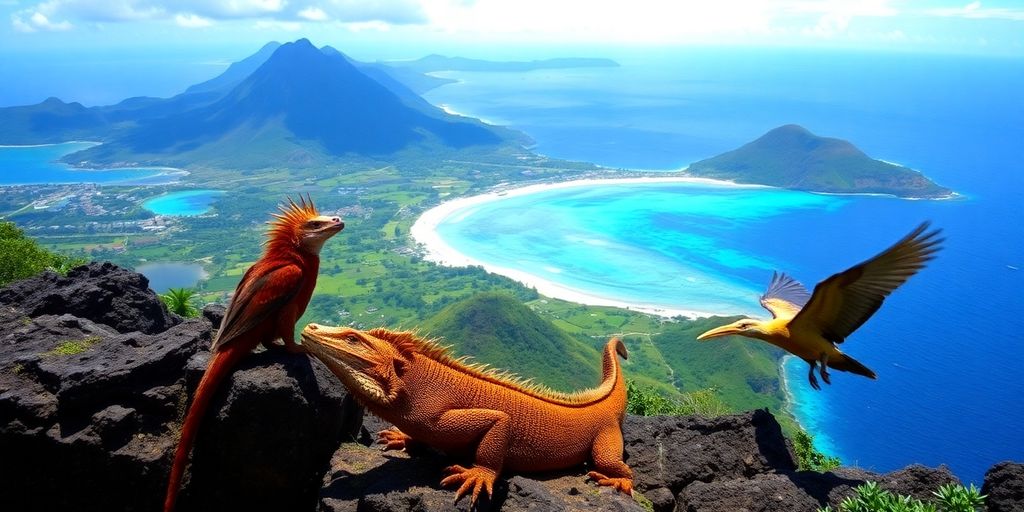 Lush landscape of Komodo Island with wildlife and beaches.