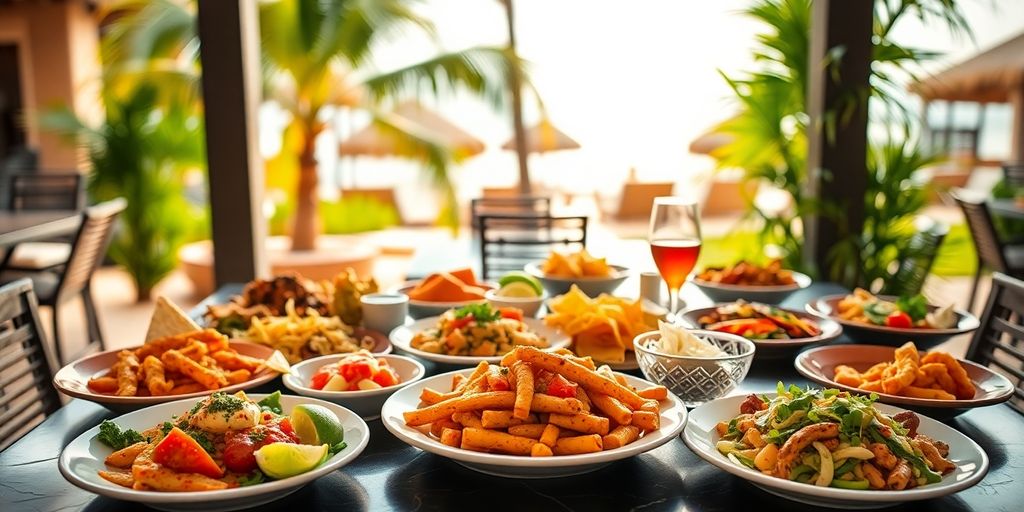 Plates of food on a table at a resort.