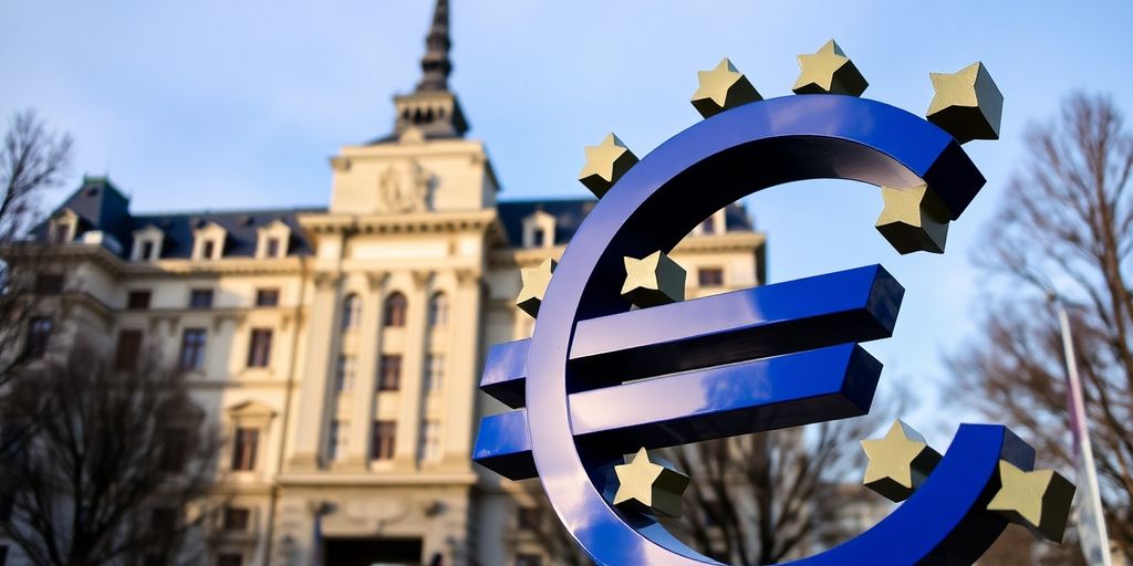 Symbole euro en baisse, bâtiment gouvernemental flou