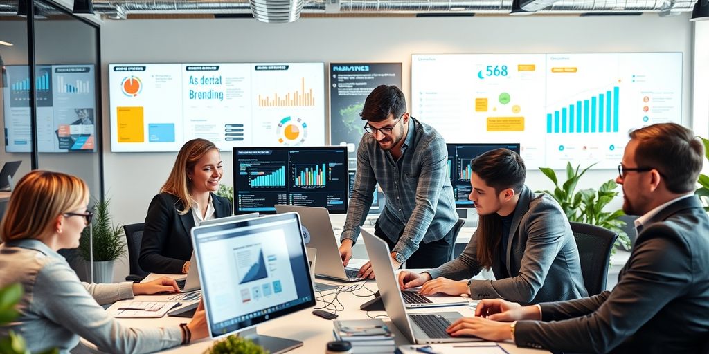 Profissionais de marketing digital em um escritório moderno.