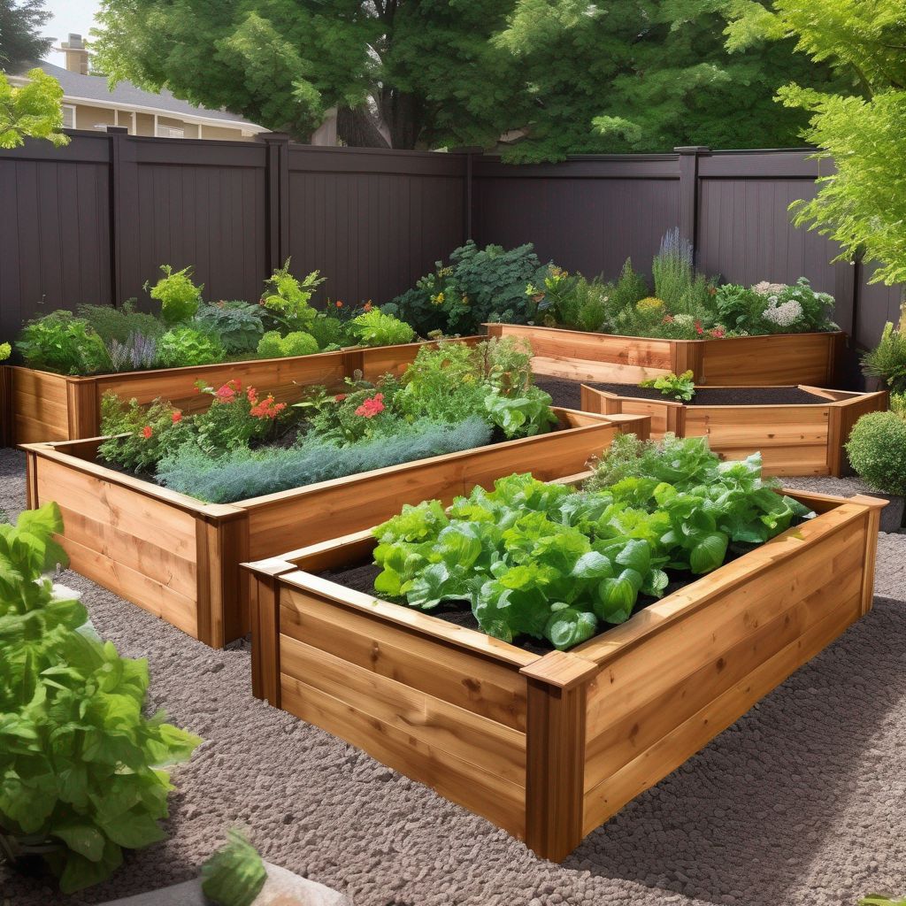 beautiful wooden raised garden beds in lush backyard
