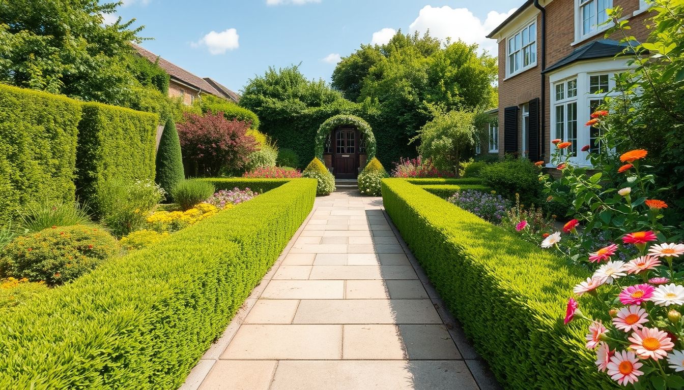 Well-maintained London garden with clear pathways and vibrant flowers.