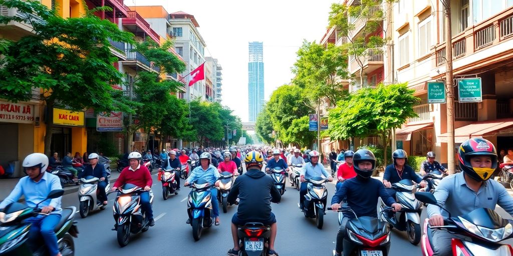 Vibrant Ho Chi Minh City street scene with motorbikes.