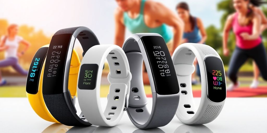 Verschiedene Fitness Tracker auf einem Tisch angeordnet.